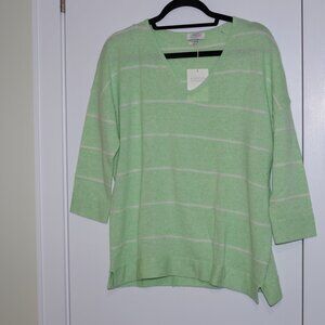 Kinross Cashmere fig Green White Striped V Neck Sweater oversize Pullover Size:M